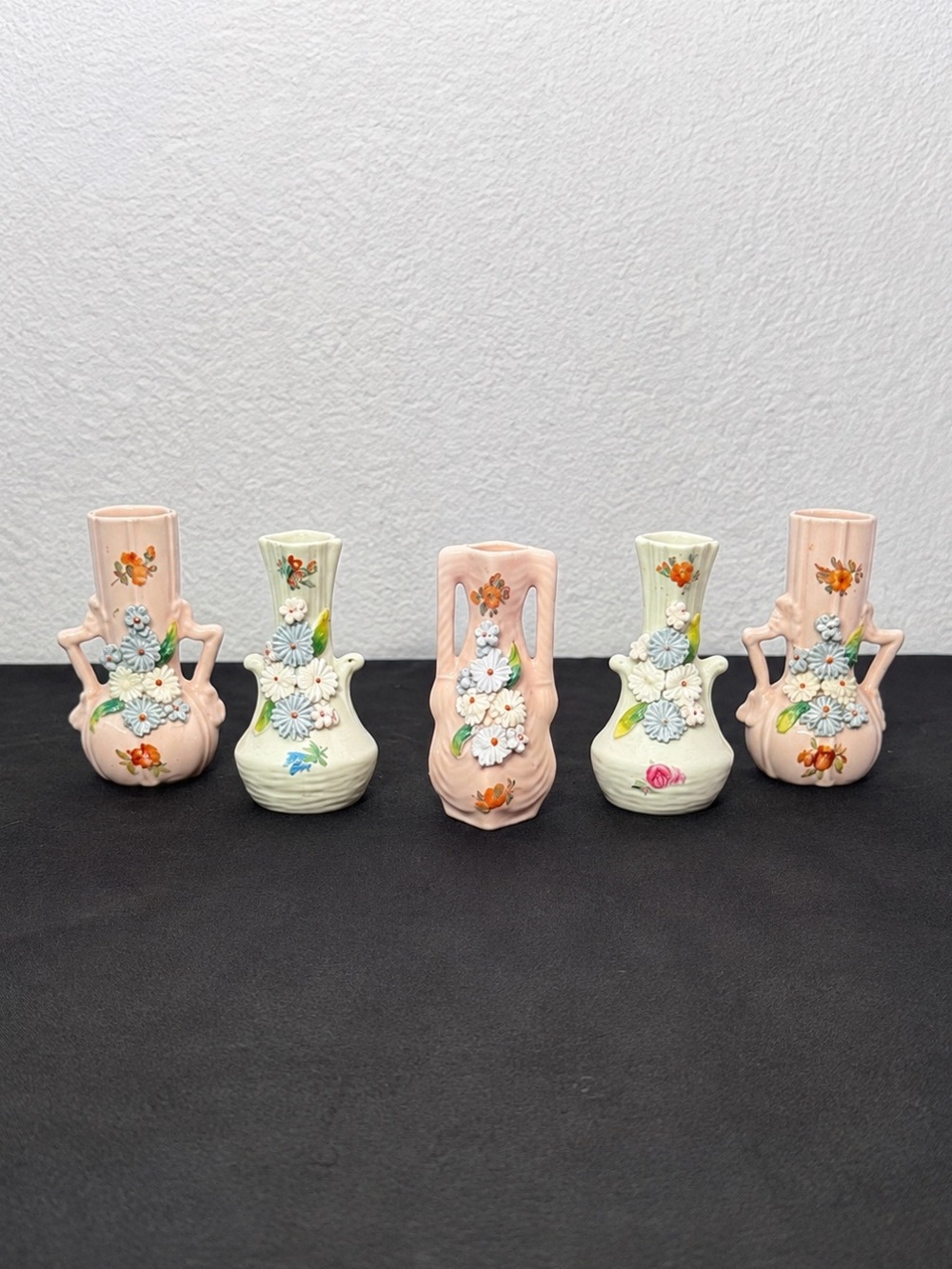 Vintage German Miniature Porcelain Bud Vases Set of 5 Applied 3D Floral Accents